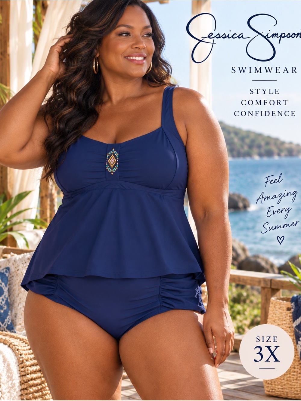 Jessica Simpson 3X Navy Tankini Swimsuit 2 Piece Ruched NWT